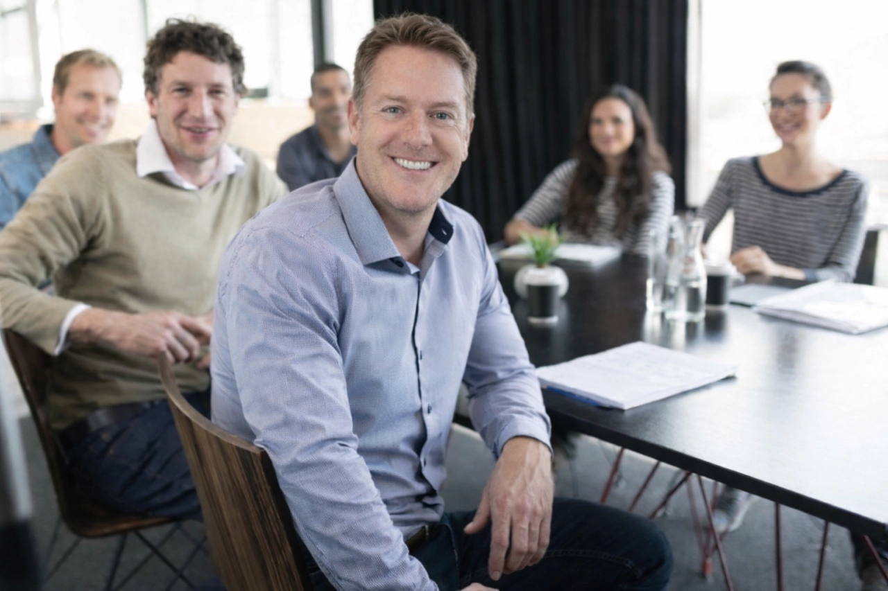 Smiling man in a blue shirt sitting at a table with four other people in a modern office setting.