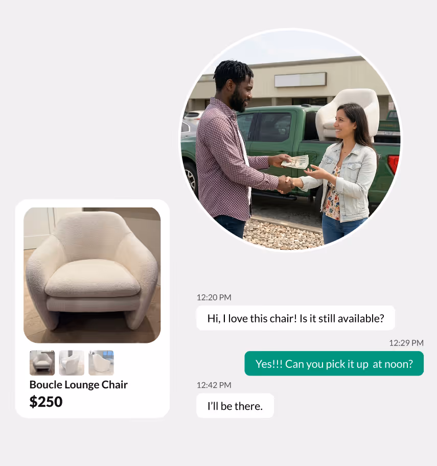 Montage of item on OfferUp and image of a successful transaction