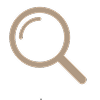 Beige magnifying glass icon on black background.