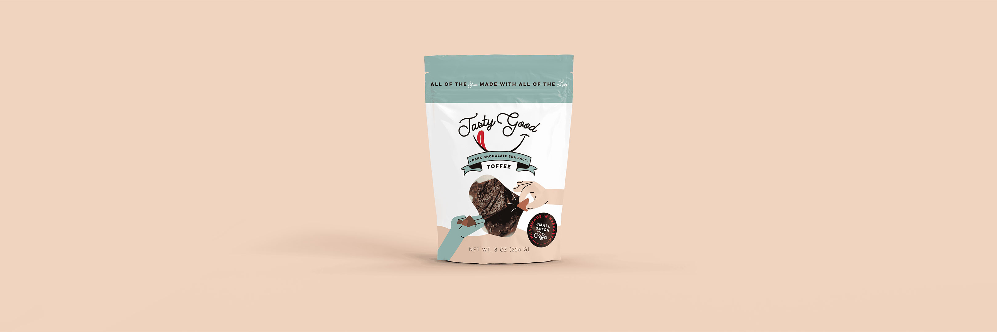 A bag of toffee with a custom designed packaging 