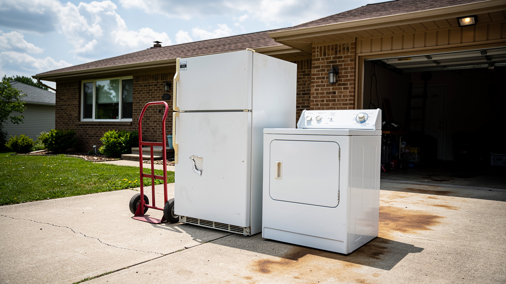 Old white refrigerator and washing machine on a driveway ready for appliance removal in Columbus OH
