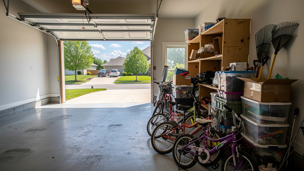 Cluttered two-car garage mid-cleanout with junk and boxes in Columbus OH