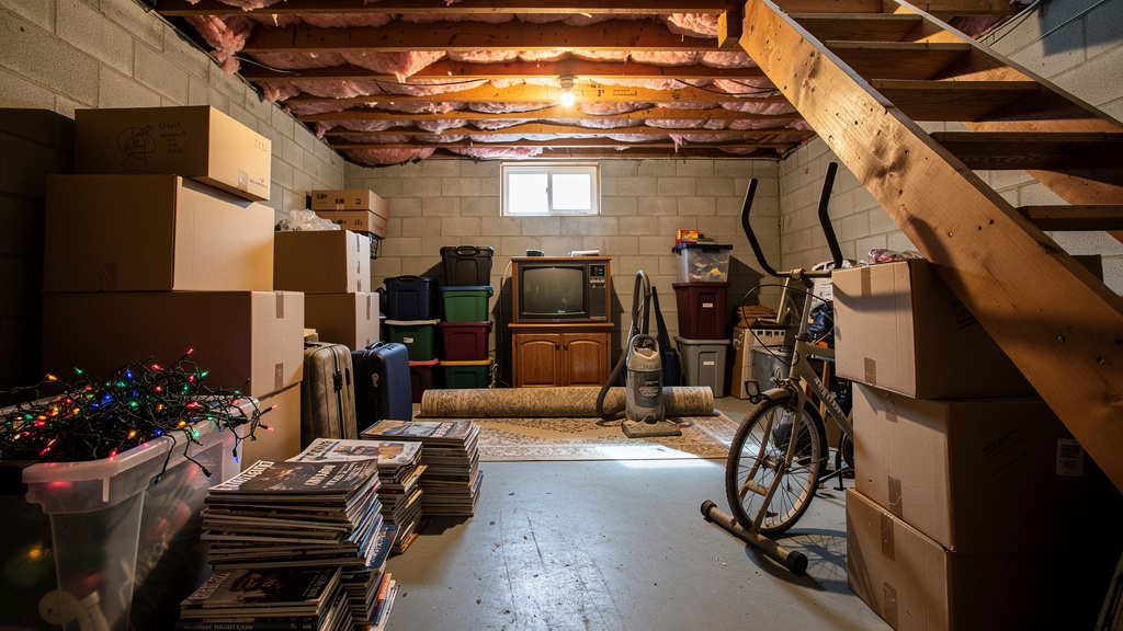 Cluttered unfinished basement with boxes and old furniture ready for cleanout