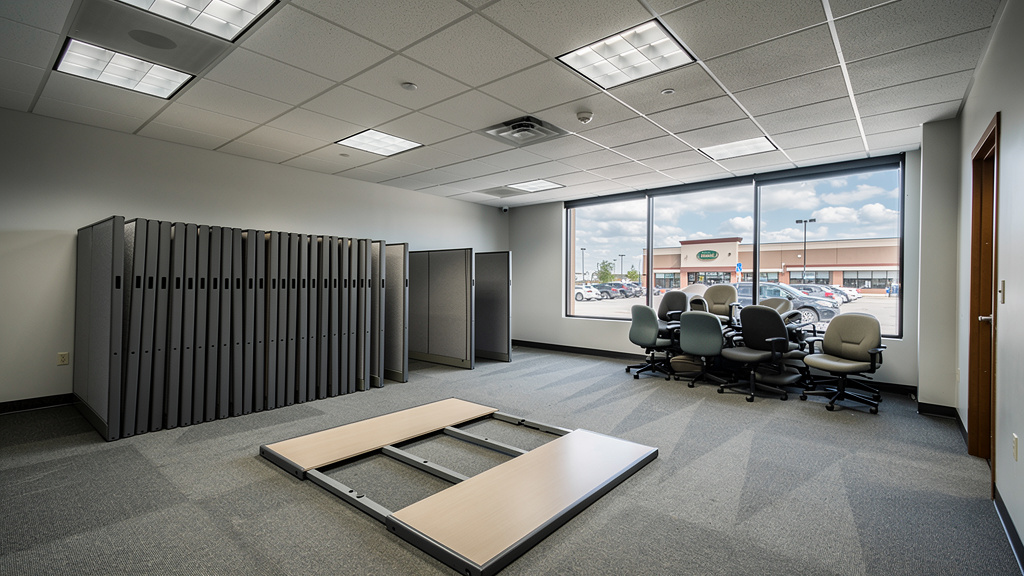 Commercial office space being cleared out with cubicle panels and office furniture