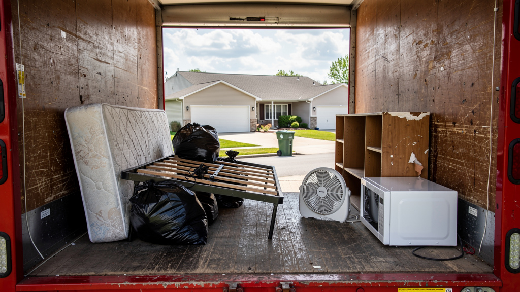Open rear of a box truck half-loaded with residential junk for hauling