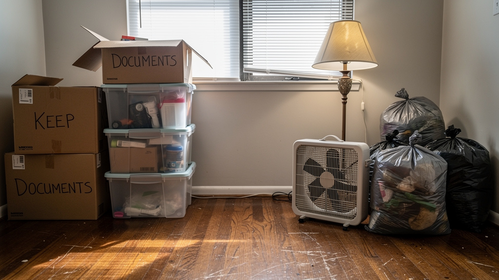Living room with items sorted into keep and haul-away piles for junk removal day