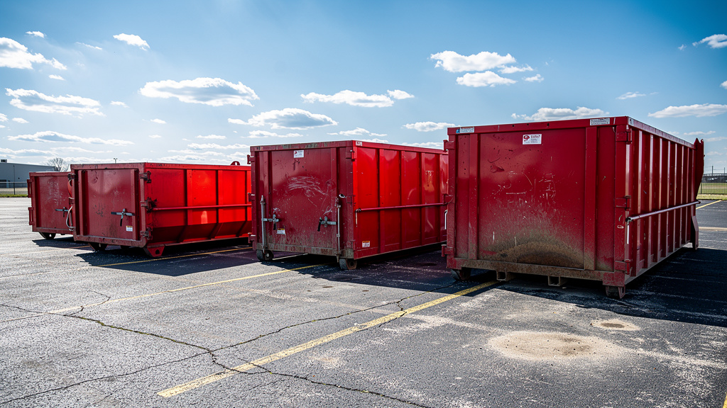 Three roll-off dumpsters of different sizes in a parking lot for size comparison