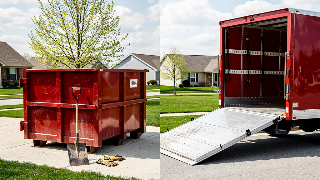 Side-by-side comparison of a dumpster rental and junk removal truck for spring cleaning