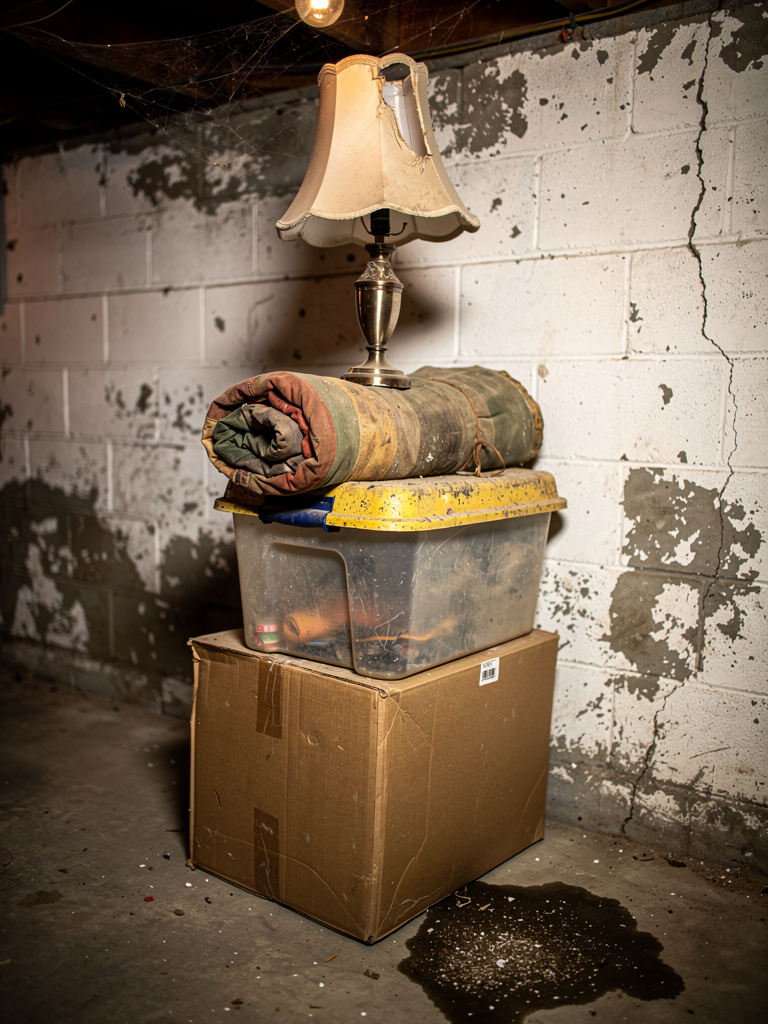 Stacked boxes and old items in basement corner