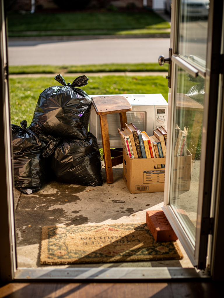 Junk items on front porch ready for residential pickup