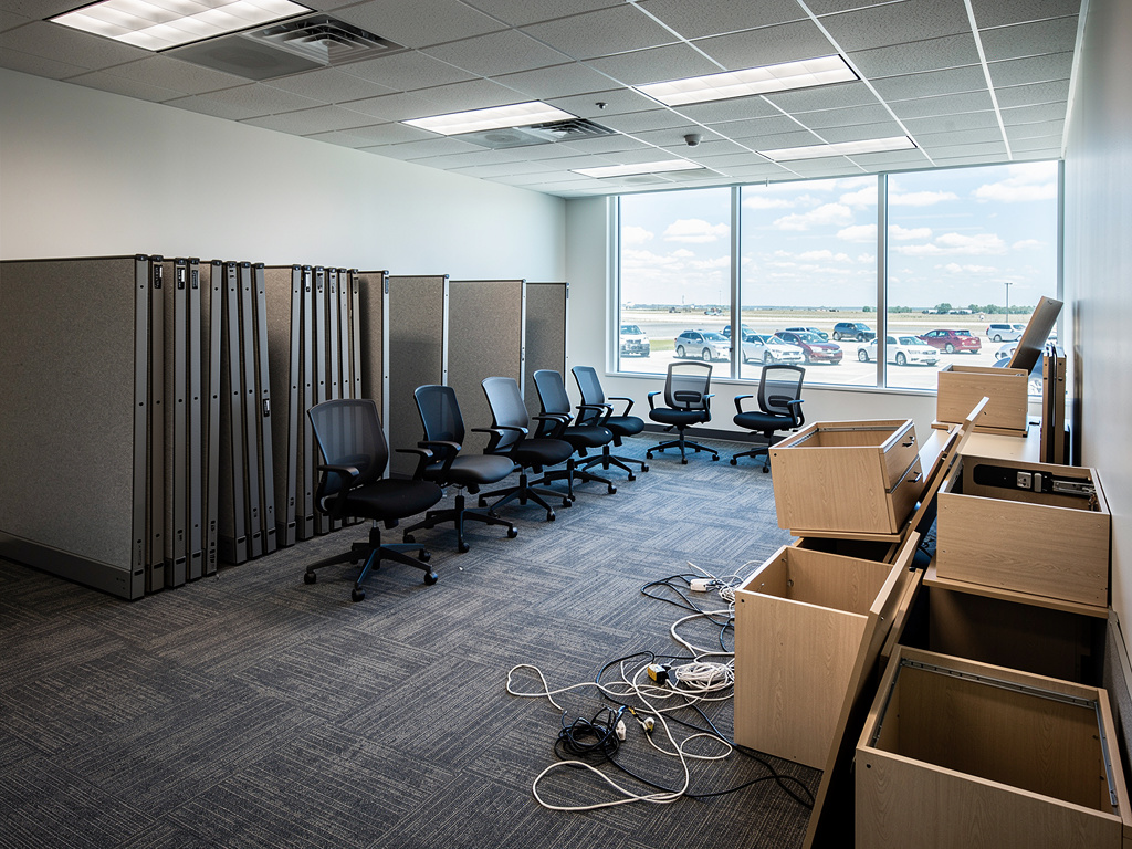 Office suite being cleared out with cubicle panels and chairs staged