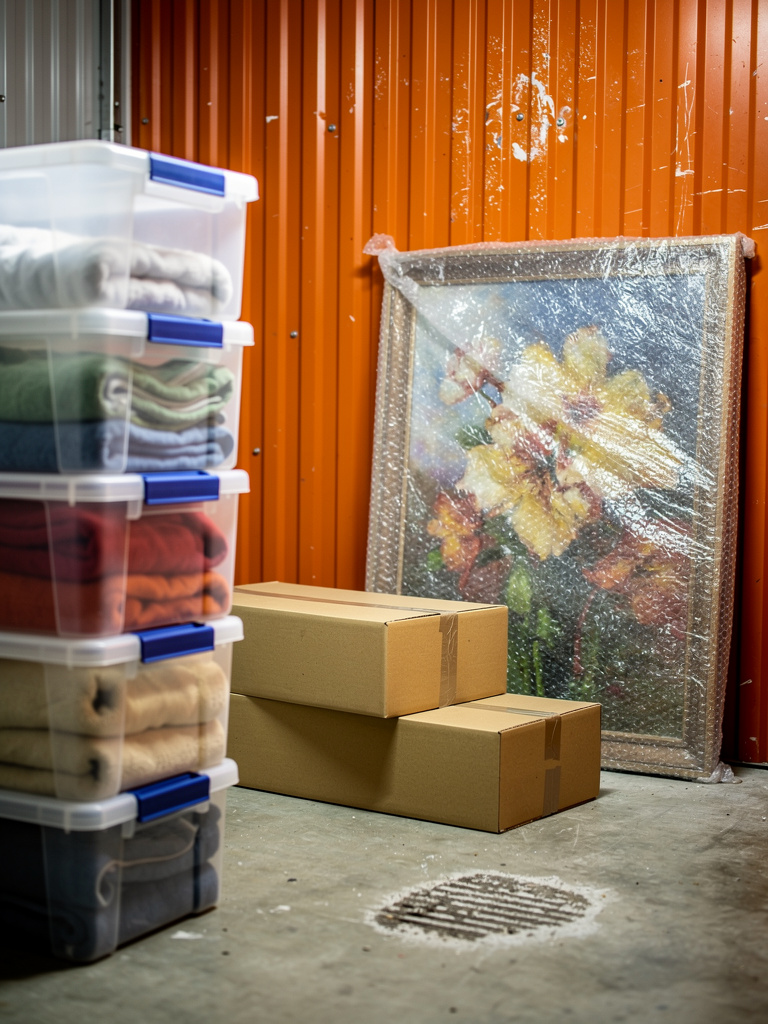 Plastic bins and wrapped items in storage unit