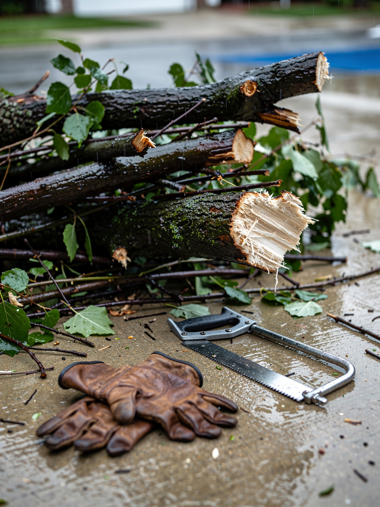 Pile of snapped tree branches on driveway ready for cleanup