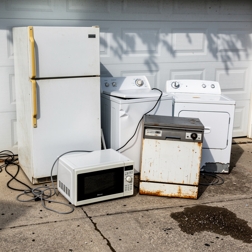 Old household appliances grouped on driveway for removal — refrigerator, washer, dryer, microwave