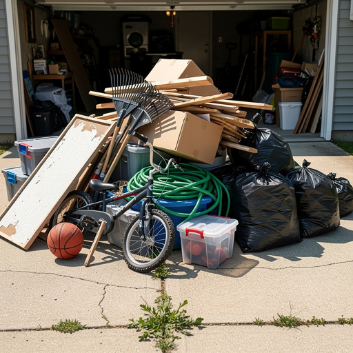 Pile of garage junk on driveway — boxes, bikes, tools, storage totes, garbage bags