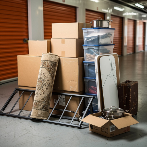Storage unit contents staged in loading area — boxes, bins, bed frame, mirror, luggage