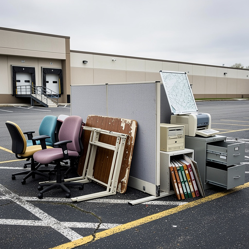 Commercial office items in parking lot — cubicle panels, chairs, desks, electronics