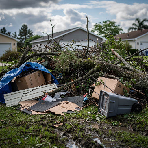 Storm debris pile on lawn — branches, siding, shingles, waterlogged cardboard