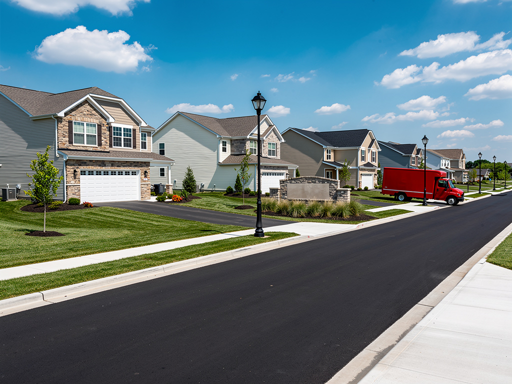 Polaris area newer subdivision with homes and red box truck - Donkey Dumpster junk removal service area