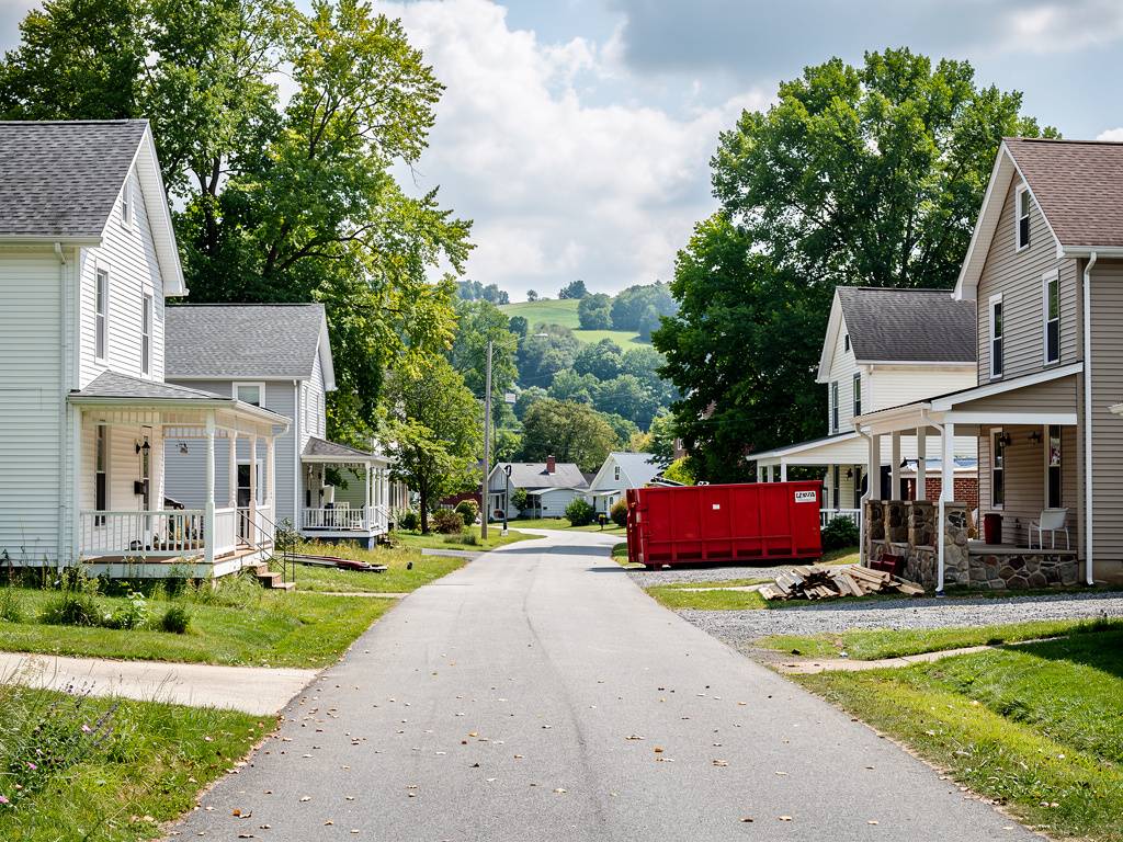 Galena Ohio small village street with homes and red dumpster - Donkey Dumpster junk removal service area