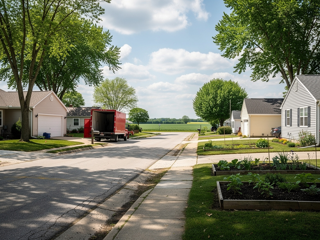 Plain City Ohio residential street with ranch homes and red box truck - Donkey Dumpster junk removal service area