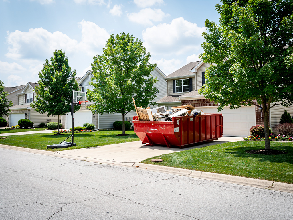 Blacklick Ohio suburban neighborhood with homes and red dumpster - Donkey Dumpster junk removal service area