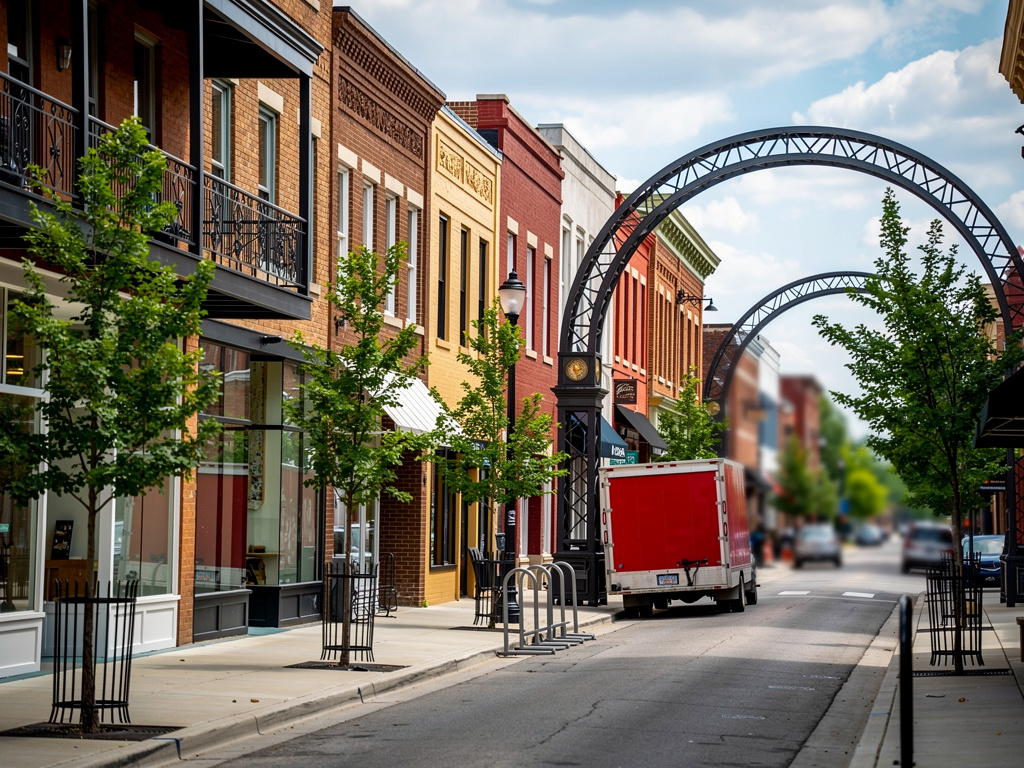 Short North Arts District Columbus Ohio urban street with colorful buildings and red box truck - Donkey Dumpster junk removal