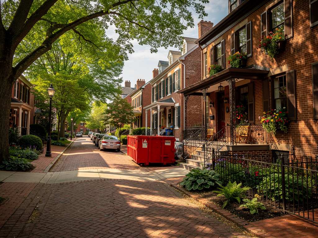 German Village Columbus Ohio historic brick street with red dumpster - Donkey Dumpster junk removal service area