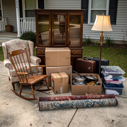 Estate cleanout items including furniture and boxes ready for removal