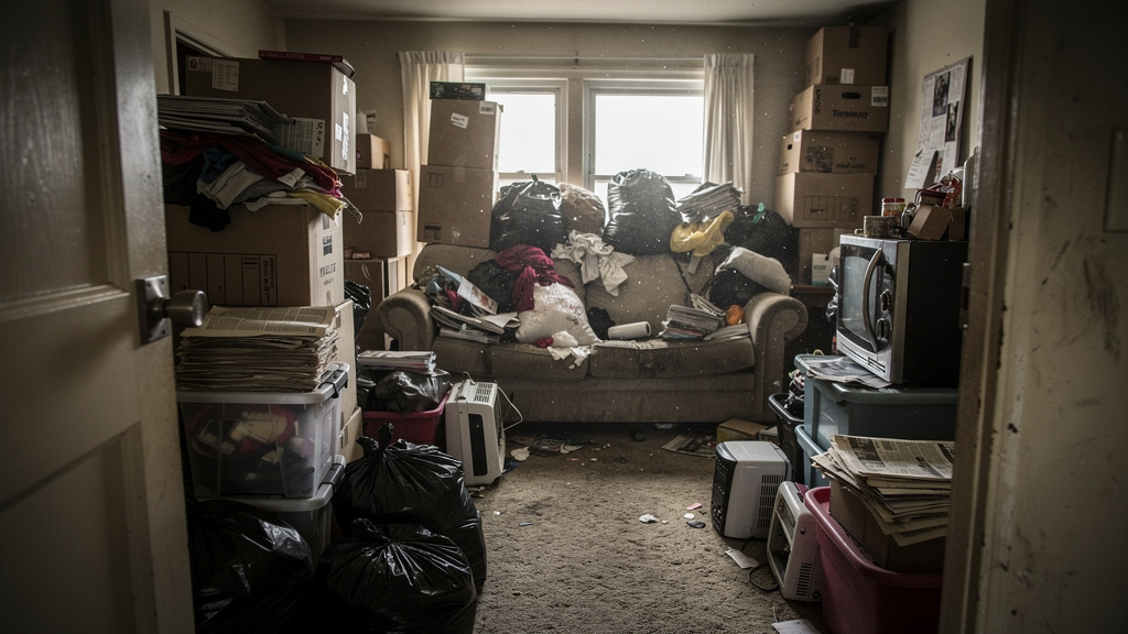 Cluttered living room during a hoarder cleanout in Columbus, Ohio