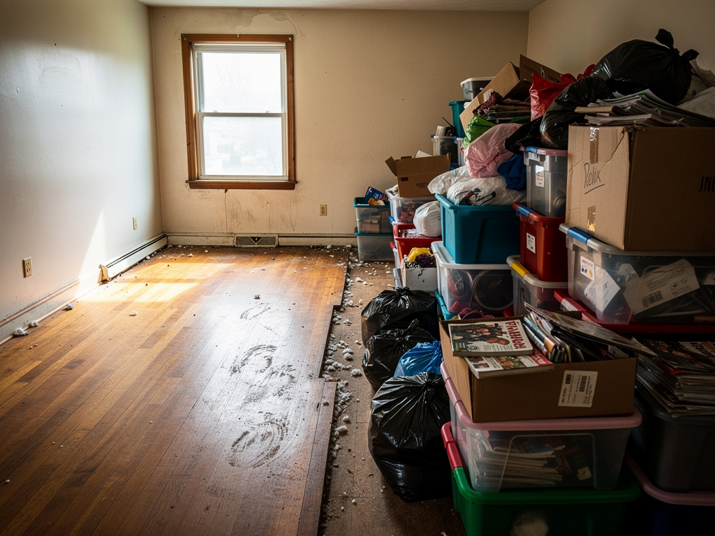 Hoarder cleanout in progress showing cleared and cluttered halves of a room