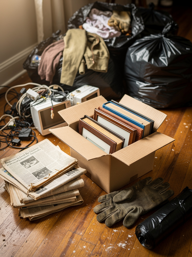Sorting keepsakes from items to discard during a hoarder cleanout
