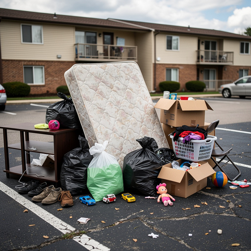Left-behind tenant belongings staged for removal in apartment parking lot