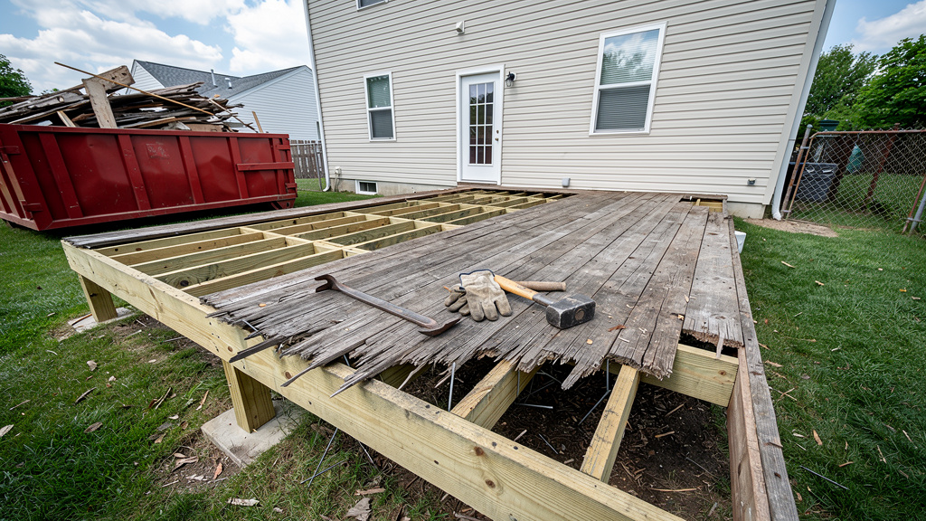Old wooden deck being torn down in a Columbus, Ohio backyard