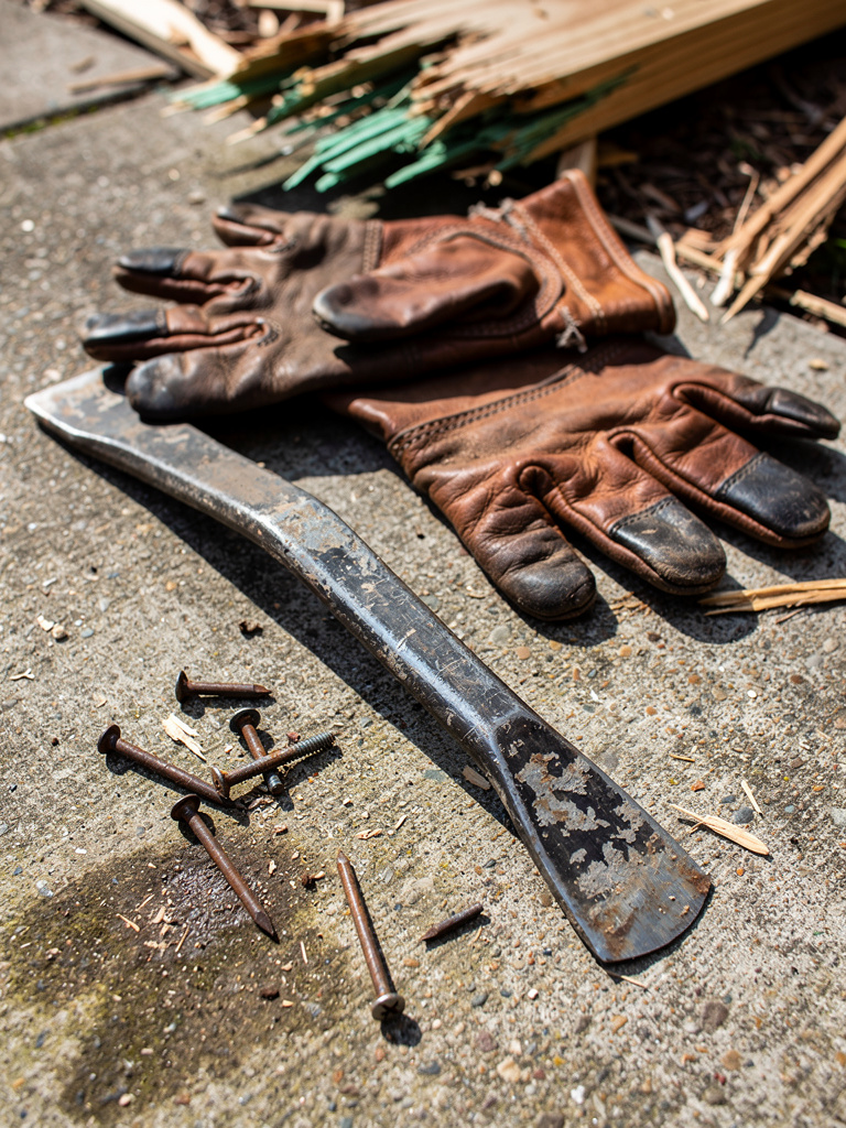 Demolition tools and splintered lumber from a deck teardown