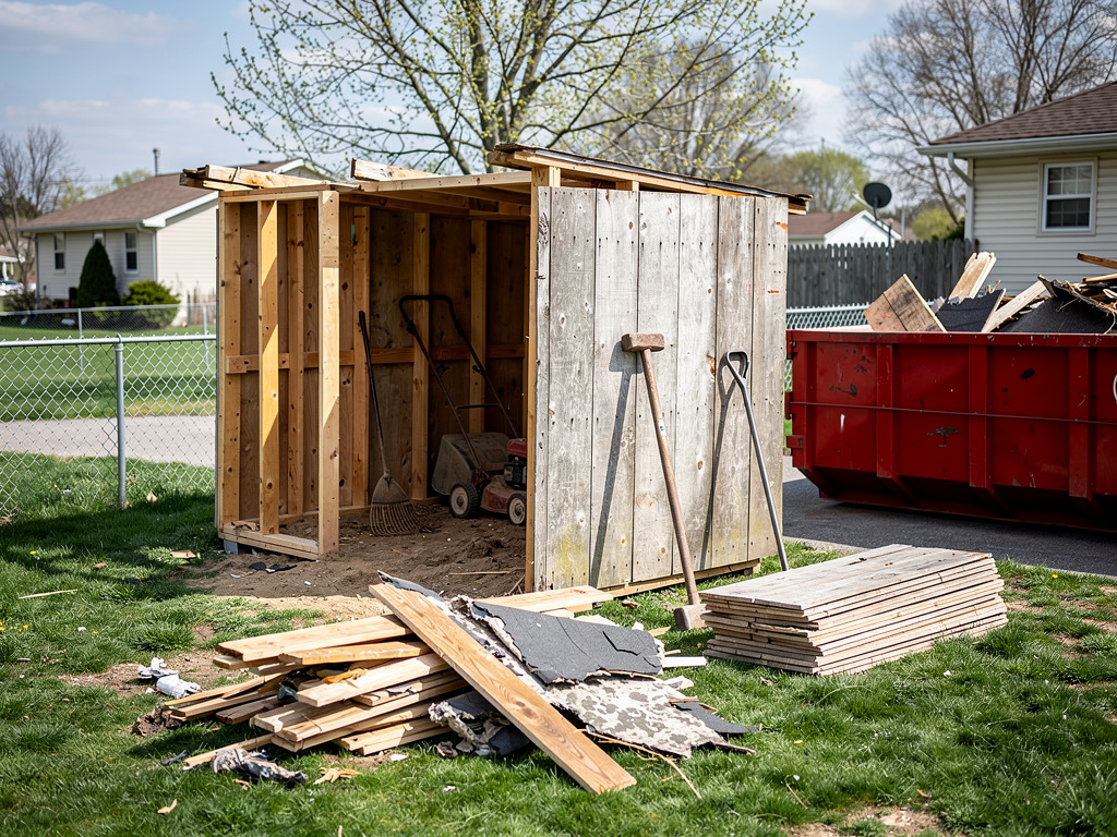 Shed demolition in progress in a suburban Columbus backyard