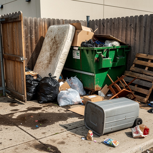 Overflow trash and dumped items around a commercial dumpster pad