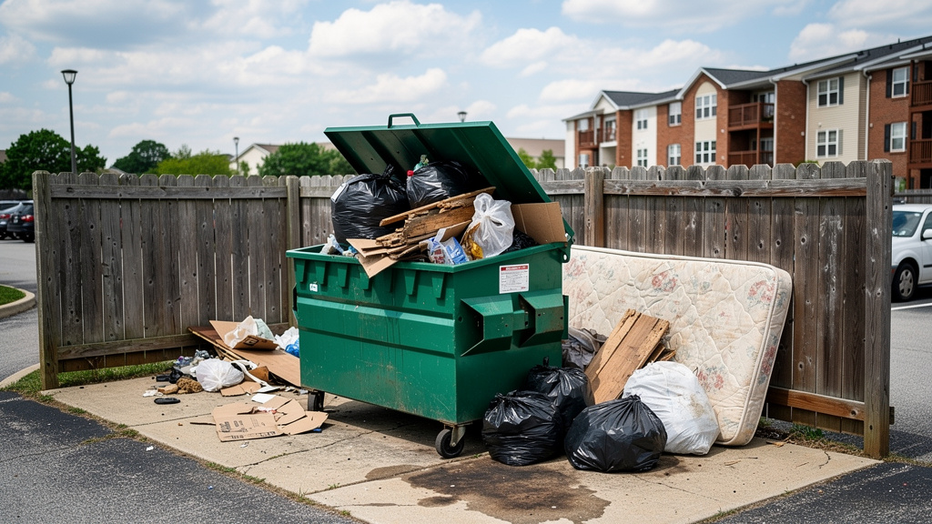 Overflowing commercial dumpster enclosure at a Columbus apartment complex