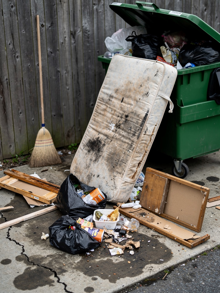 Illegally dumped items around a commercial dumpster needing cleanup