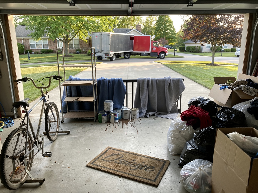 Garage during a move-out cleanout with items being left behind