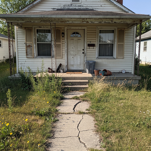 Vacant foreclosure property with overgrown lawn