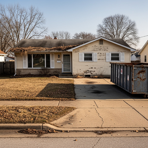 Vacant bank-owned home with dumpster at curb