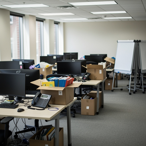 Office suite in transition with remaining desks and boxes