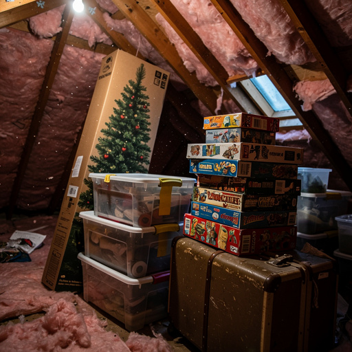 Cluttered attic packed with seasonal items and storage bins