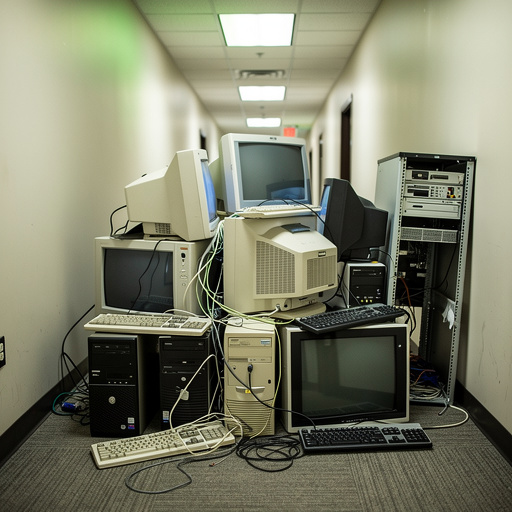 Pile of old IT equipment and monitors in office hallway