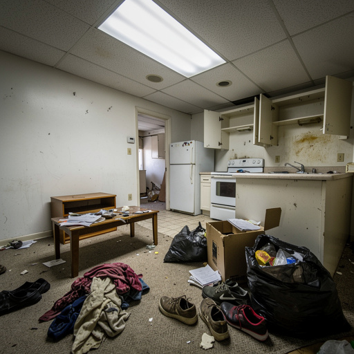 Apartment interior after eviction with scattered belongings