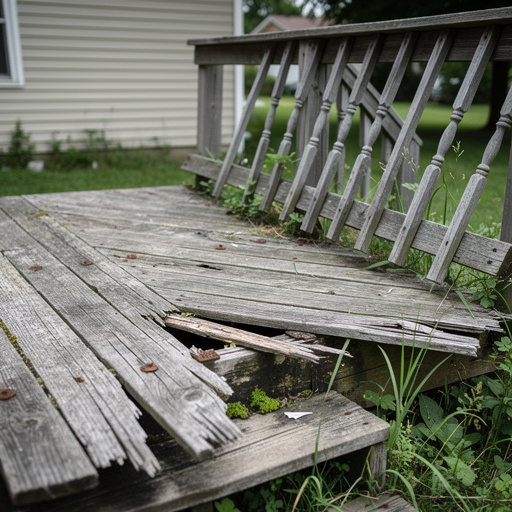 Rotting wooden deck with warped boards and missing balusters
