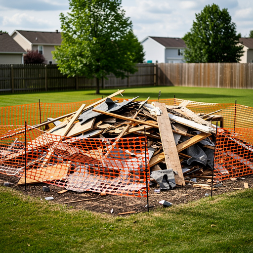 Shed debris pile in backyard during renovation