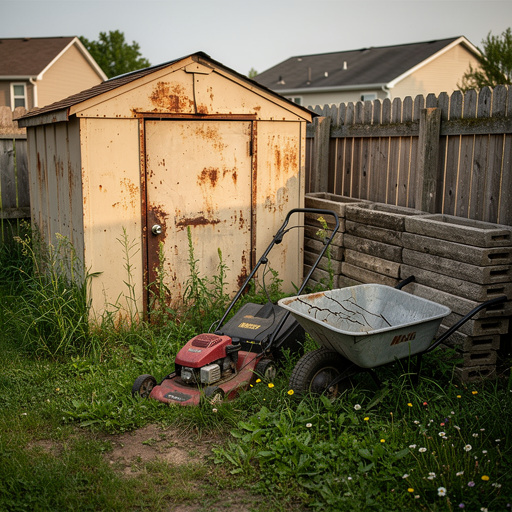 Multiple items staged for removal in backyard