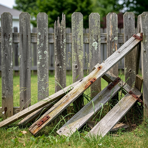 Old damaged wooden privacy fence with broken pickets
